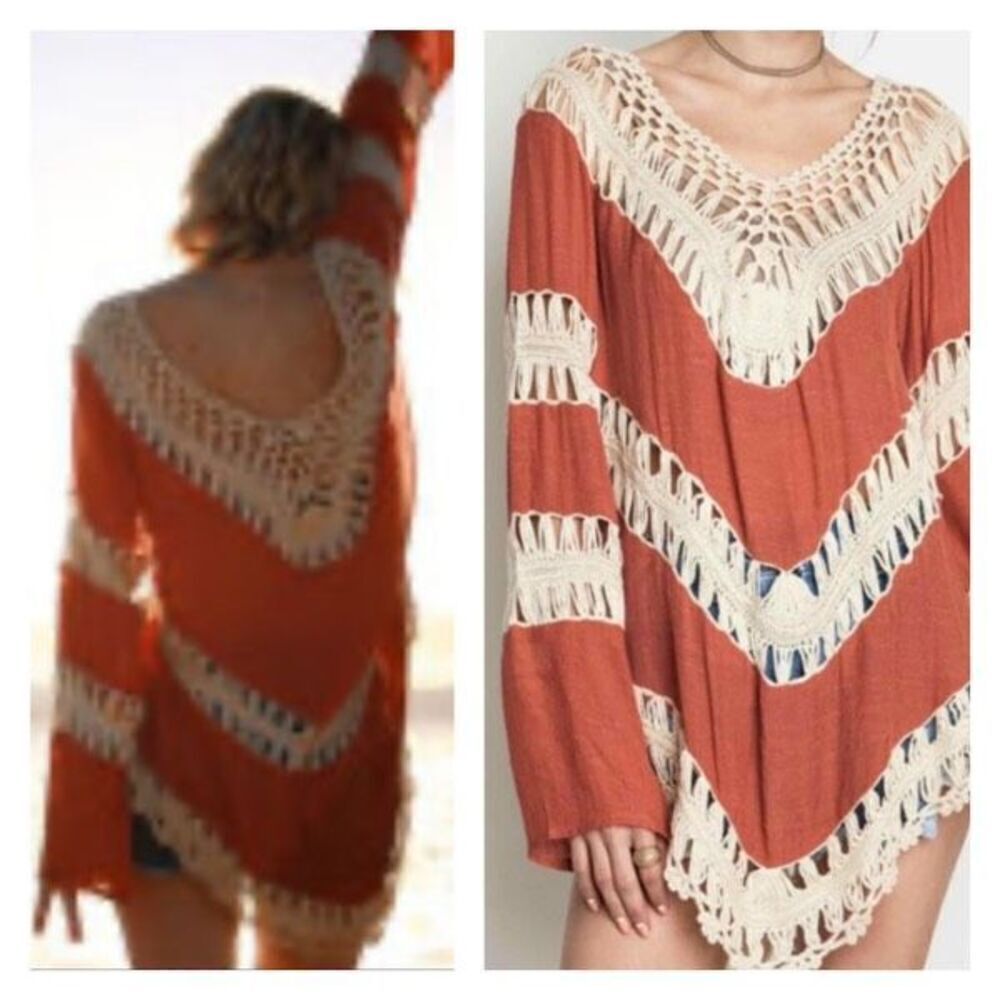 Umgee USA Boho Crochet Top Women's Size Small Rust Red Orange‎ Tunic Beachy